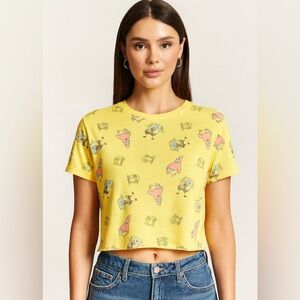 SpongeBob Women’s Yellow Short Sleeves Crop Tee Patrick Gary Print Size Small